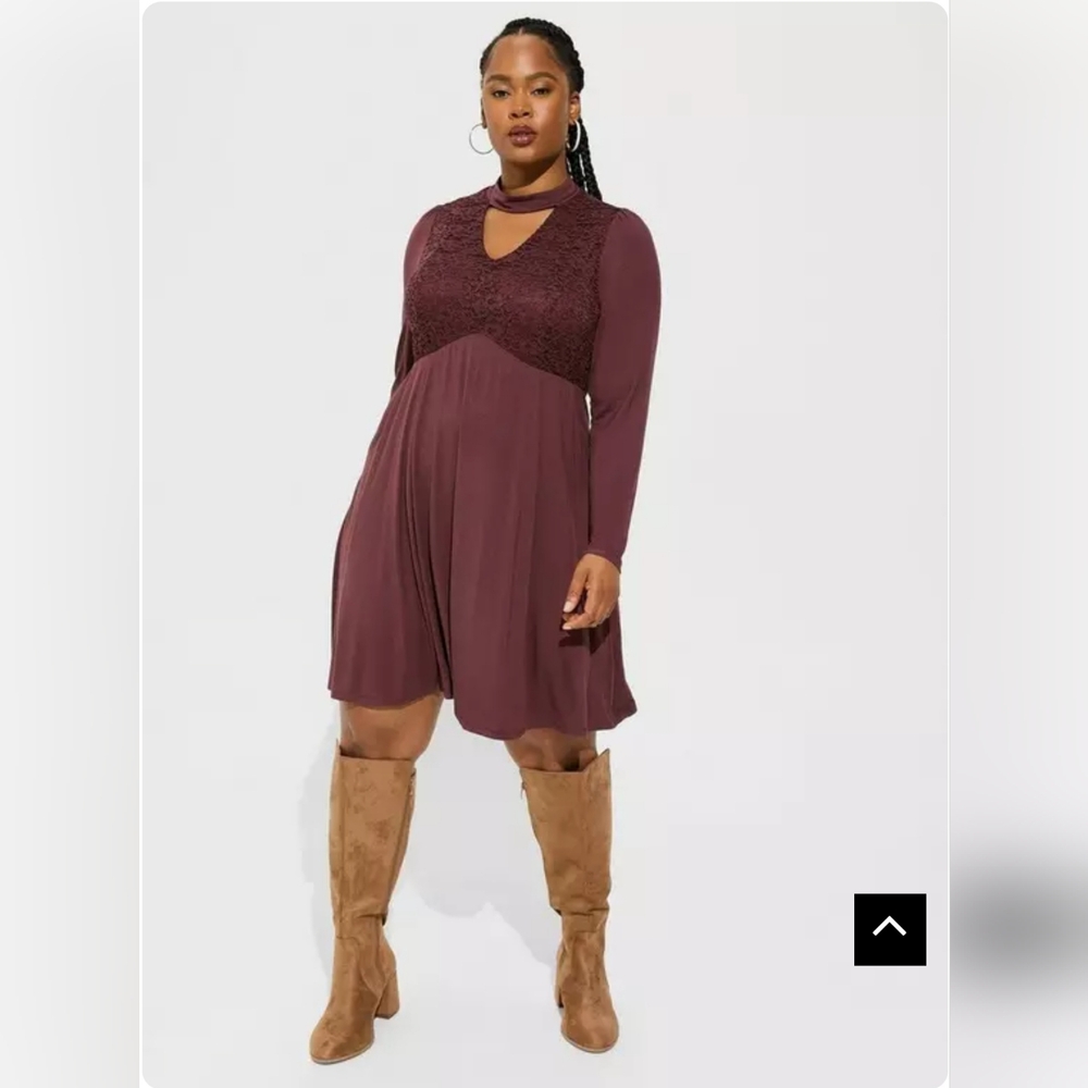 At The Knee Super Soft Lace Bodice Mock Neck Skater Dress